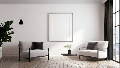 mockup horizontal frame within a modern minimalist living room interior background with black, grey and white furnitures. Artwork, photography, and design concepts.