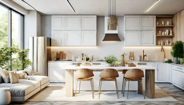 Cozy modern kitchen interior, where soft ambient light gracefully bathes the scene from the left. The ambiance is ideal for showcasing kitchen designs, lifestyle concepts, and interior decor.