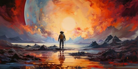painting of a spaceman is walking in an orbit on an evening, in the style of fluid color combinations, apocalypse landscape, generative AI