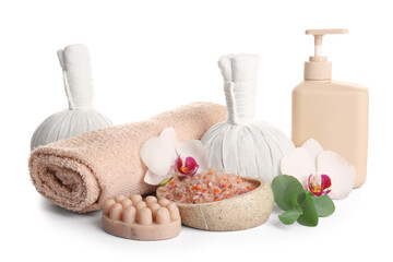 Composition with spa accessories and orchid flowers isolated on white background
