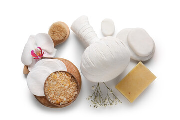 Composition with different spa accessories on white background