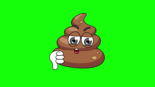poop cartoon with thumb-down hand, emoji green screen animation
