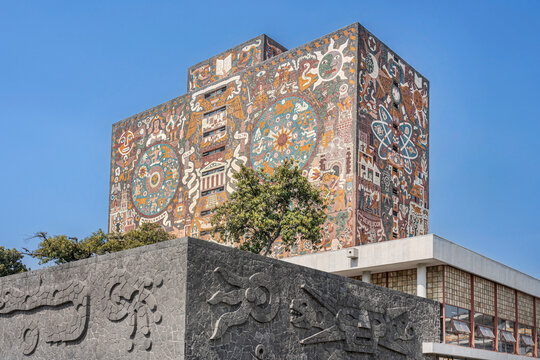 Mexico City, Mexico &ndash; November 26, 2022: Iconic building of Central Library in the National Autonomous University of Mexico, UNAM. UNESCO World Heritage Site.