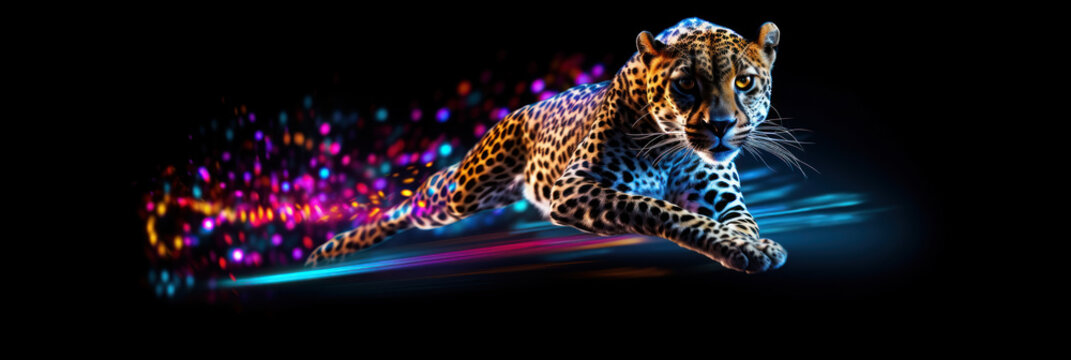un guépard en train de courir en laissant une traînée colorée derrière lui - couleurs néon - fond noir