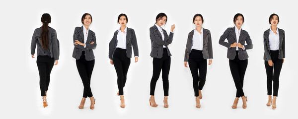 Different pose of same Asian woman full body portrait set on white background wearing formal business suit in studio collection . Jivy - Powered by Adobe