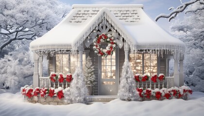 Charming snowy cottage with festive christmas decorations on front porch and entrance - obrazy, fototapety, plakaty