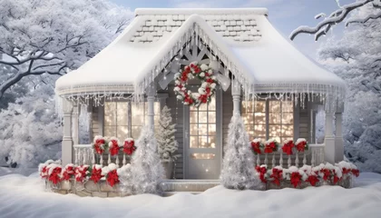 Fotobehang Charming snowy cottage with festive christmas decorations on front porch and entrance © Ilja