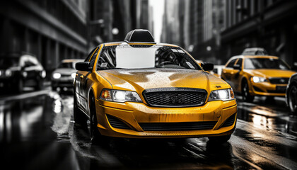 Vibrant new york city street with motion blurred yellow taxi cabs 16k high quality downtown scene.