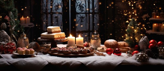 On a beautiful winter night the house was adorned with festive decorations for the Christmas celebration The table was set with a spread of delicious baked goods including biscuits as a gif