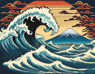 The great wave off kanagawa painting vector illustration. Old Japanese artwork with big wave and mountain Fuji on the background