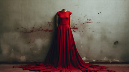 A surreal illustration of a headless life-like mannequin wearing a red dress in an abandoned building. - obrazy, fototapety, plakaty
