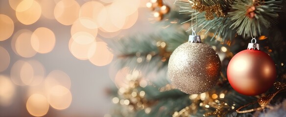 Fototapeta na wymiar Merry Christmas and Happy New Year. Festive bright beautiful background. Decorated Christmas tree on blurred background. de-focused lights, gold bokeh. generative AI
