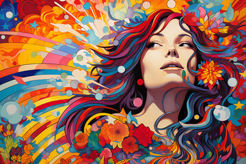 Naklejka premium An artistic composition with psychedelic patterns and artwork, celebrating the art and culture of the 60s