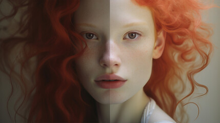 A studio portrait of a young red haired woman show her dark side. Split personality. Happiness and depression.