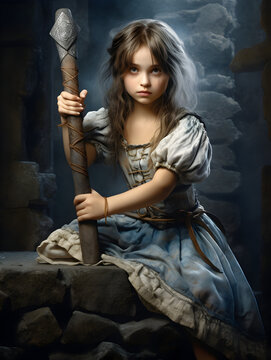 A young girl seated on a rock, gripping a substantial makeshift mace, poised for a make-believe battle.