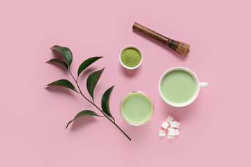 Obraz na płótnie Canvas Composition with fresh matcha tea, powder and chasen on pink background