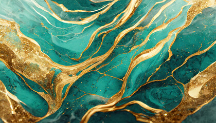Fototapeta na wymiar Abstract turquoise golden grunge marble liquid background