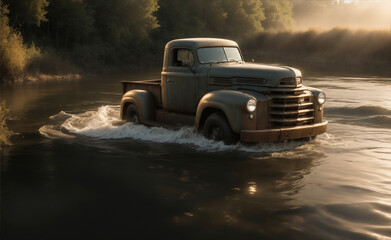old vintage truck crosses deep and mighty dangerous river