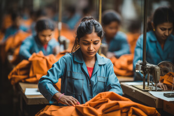 Fast fashion industry. Indian worker woman people sewing clothes at textile factory. Ai generative