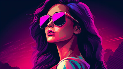 sch&ouml;ne Frau mit Sonnenbrille im Retro Look mit Neonfarben und Platz f&uuml;r Text. Querformat. Generative Ai