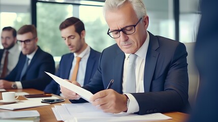Serious business man investor checking bank document at office team meeting with financial law experts lawyers attorneys team thinking of risks. generative AI