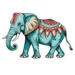 Circus Elephant with Blue Teal and Red Orange 