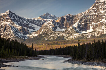 The Athabasca River cuts through the Canadian Rocky Mountains along the Icefield Parkway in Jasper National Park