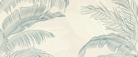 Abstract botanical art background with tropical palm leaves hand drawn in line art style. Vector banner with exotic plants for the design of wallpaper, textiles, print, interior. - 676146075