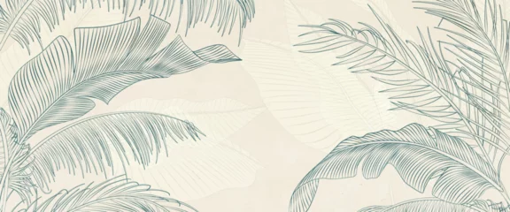 Poster Abstract botanical art background with tropical palm leaves hand drawn in line art style. Vector banner with exotic plants for the design of wallpaper, textiles, print, interior. © VectorART