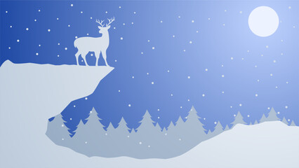 Fototapeta premium Wildlife in winter landscape vector illustration. Silhouette of reindeer at pine forest in cold season. Winter wildlife landscape for background, wallpaper or landing page
