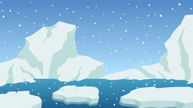 Antarctica iceberg landscape vector illustration. Sea ice landscape with glacier shard and snowfall. Arctic ice land landscape for background, wallpaper or landing page