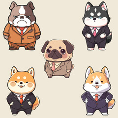 set of five cute dogs wearing suits. English bulldog, husky, pug, shiba inu and corgi