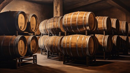 A long row of wooden wine barrels in a wine cellar. Generative AI