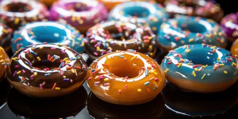 Fototapeta na wymiar Colorful donuts are lying in the dark. Generative AI
