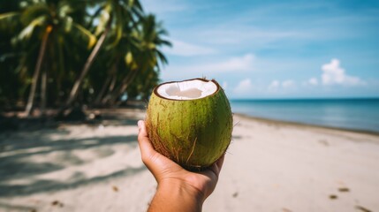 Hands holding green coconut with straw on the beach. Generative AI - obrazy, fototapety, plakaty