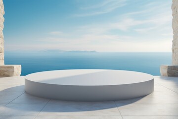 White round table in a round shape sitting on a stone pedestal. Generative AI