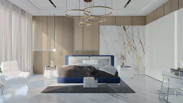 Modern Luxury Bedroom Animation with Ocean Blue Color. 3D Illustration Render