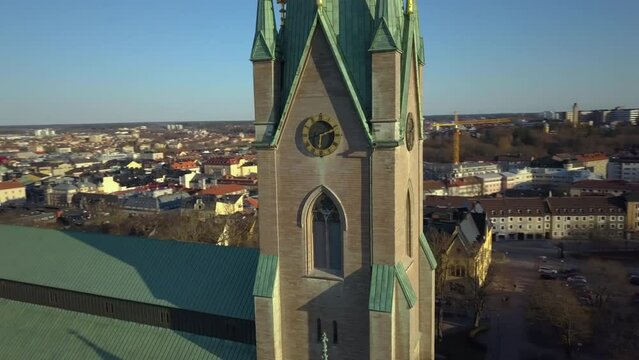 Aerial view of old historical Linkoping city in Sweden. European architecture in Scandinavian town