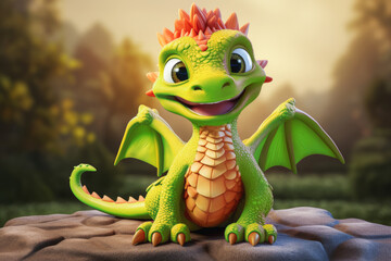 a cute adorable smiling baby dragon lizard 3D Illustation in the style of children-friendly cartoon...
