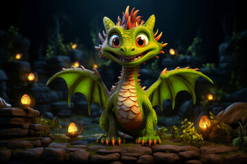 a cute green smiling baby dragon in dark place 3D Illustation in the style of children-friendly...