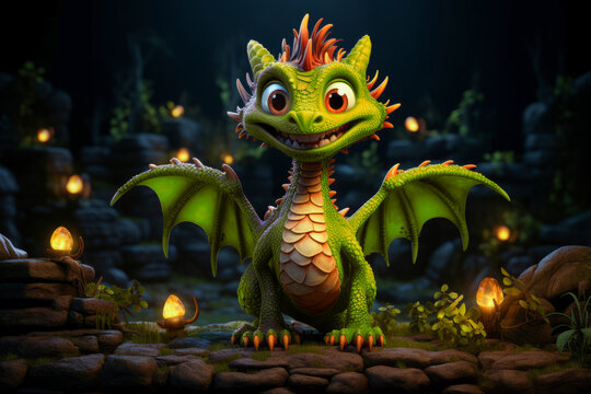 a cute green smiling baby dragon in dark place 3D Illustation in the style of children-friendly cartoon animation fantasy style, symbol of new year 2024, chinese new year