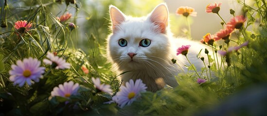 In the summer against a lush green backdrop of grass and an enchanting garden a cute white cat with a playful nature and curious eyes sits among the vibrant flowers creating a beautiful por