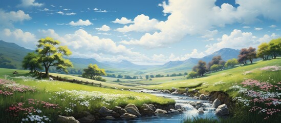 In the summer against a beautiful backdrop of a blue sky and lush green landscape the gentle light illuminates a stunning nature scene filled with white flowers and vibrant animals creating 