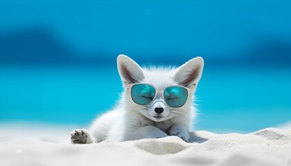 Happy artic fox with sunglasses relaxing on the beach. Cute white fox lying and resting on the sand. Funny summer background or wallpaper. Generative AI.