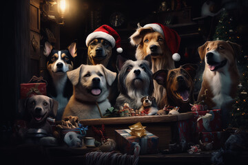 Fototapeta na wymiar A team of pets, including dogs, cats, and birds, wearing elf hats and busy assisting Santa with wrapping presents in Santa's workshop.