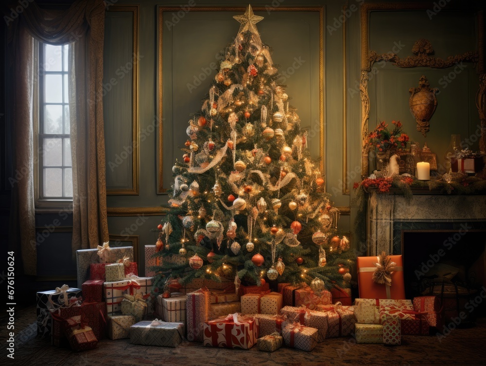 Poster a christmas tree with many presents in front of it. generative ai.