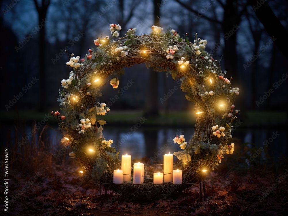 Poster a wreath with lit candles in the middle of it. generative ai.