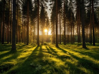 The sun is shining through the trees in the forest. Generative AI.