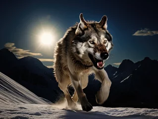  A wolf running in the snow with the sun in the background. Generative AI. © Natalia