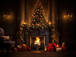 A fireplace with presents and a christmas tree. Generative AI.